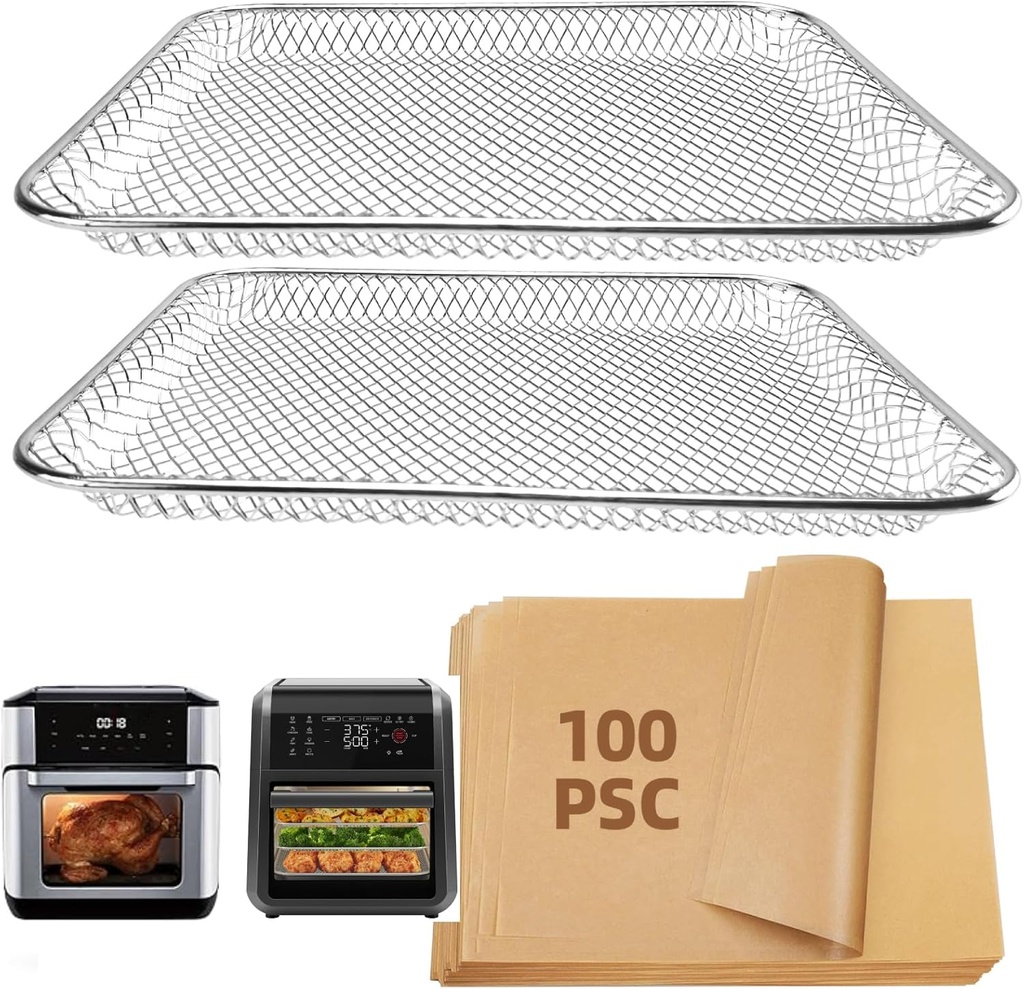 Air Fryer Accessories for Instant Vortex Plus Quart Air Fryer, 100pcs Air Fryer Liners Disposable Paper and 2pack Stainless Steel Mesh Cooking Tray Dehydrator Tray for CHEFMAN 12Qt Air Fryer
