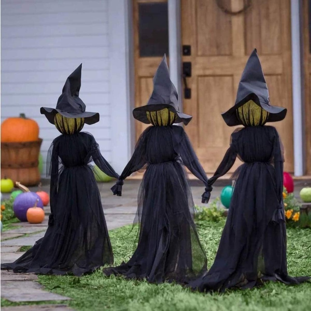 Halloween Light-Up Witches Halloween Yard Decorations with LED Lights，Voice Control Witch Glowing Head Waterproof Life Size for Outside Home Party Decor-3pcs