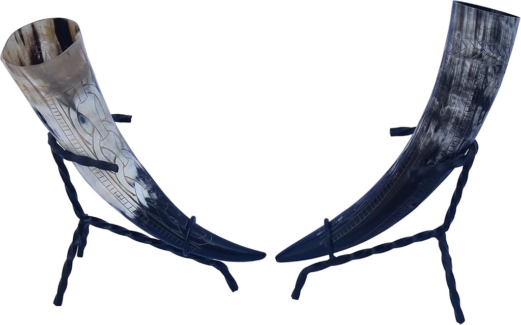 Viking Traders Drinking Horn Glass With Twisted Iron Stand | Medieval Handcrafted Norse Drinking Horn Glass | Authentic Mead Horn | Cup/Stein | Shot Glass | Beer Mug | Wine Drinking Glass - Set Of 2