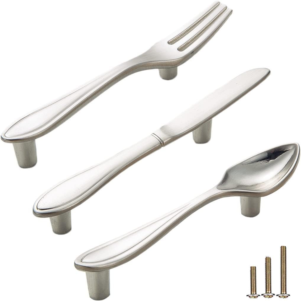 3Pcs Funny Cutlery Tableware Cabinet Pulls,Creative Spoon Fork Knife Shape 3" Hole Center Vintage Kitchen Cupboard Pulls Handles,Cute and Fun (Mixed Pack, Silver, 3Pcs)