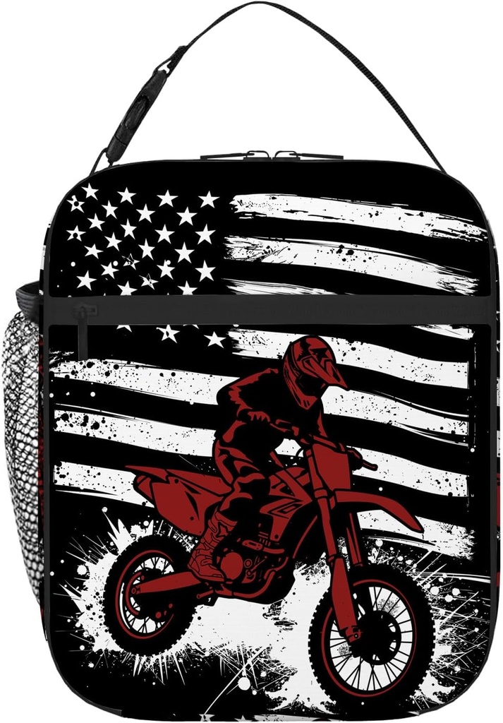 Motorcycle American Flag Lunch Box for Boys Kids, Dirt Bike Motocross Lunch Bag for Men Women, Portable Reusable Insulated Lunchbox Cooler Tote for School Office Work Picnic Travel