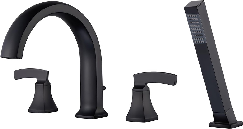 Roman Tub Faucet Deck Mount Tub Filler Black Waterfall Bathtub Faucets 4 Hole Brass Bathroom Faucets with Hand Shower