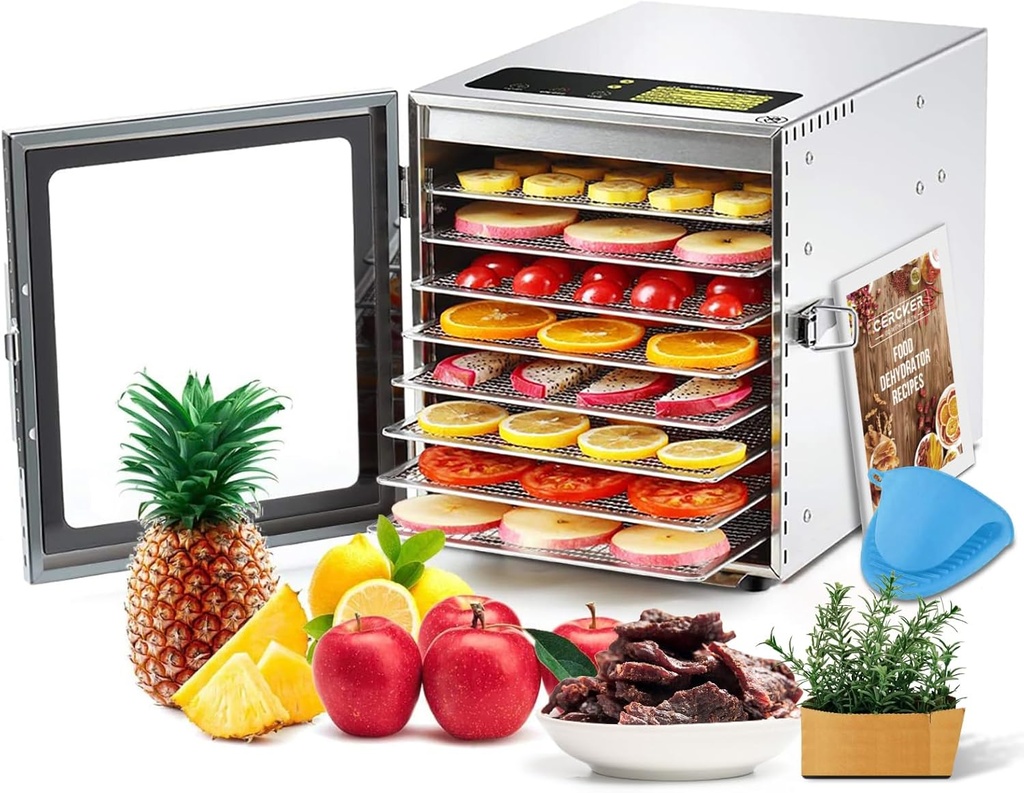 Food-Dehydrator Machine 8 Stainless Steel Trays, 500W Jerky Dehydrator for Meat, 190ºF Mushroom Dryer, 24H Timer Fruits Dryer for Herbs, Veggies, Yogurt & Dog Treats