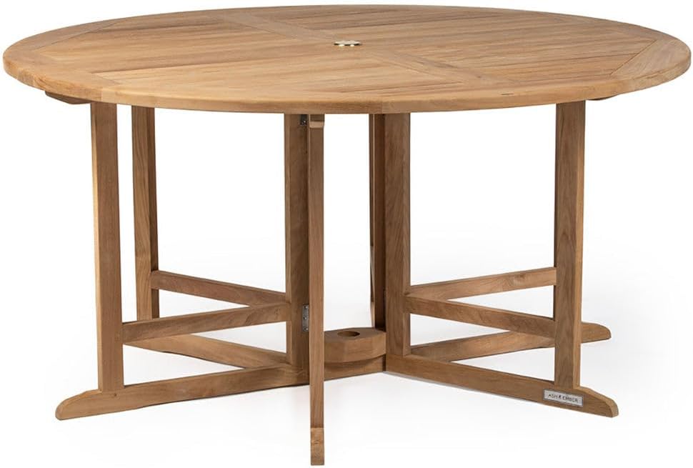 Ash & Ember Luna Grade A Teak 59" Round Dining Table, Drop Leaf Design, Indoor Outdoor Patio or Porch Dining, Weather Resistant Solid Wood with Umbrella Hole