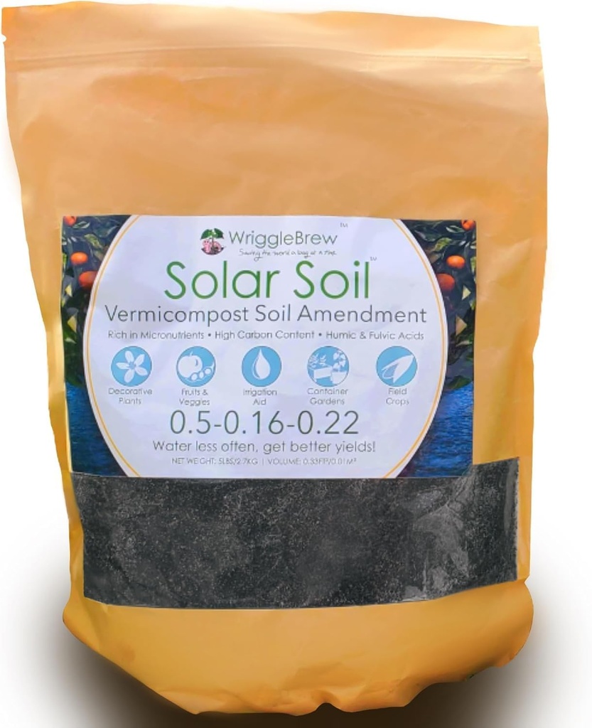Solar Soil Vermicompost Soil Amendment from Earthworm Castings. All Purpose Plant Food and Dirt Enhancer for Gardens, Vegetables, Fruits, Houseplants. 5lb Bag. Mix with Potting Soil.