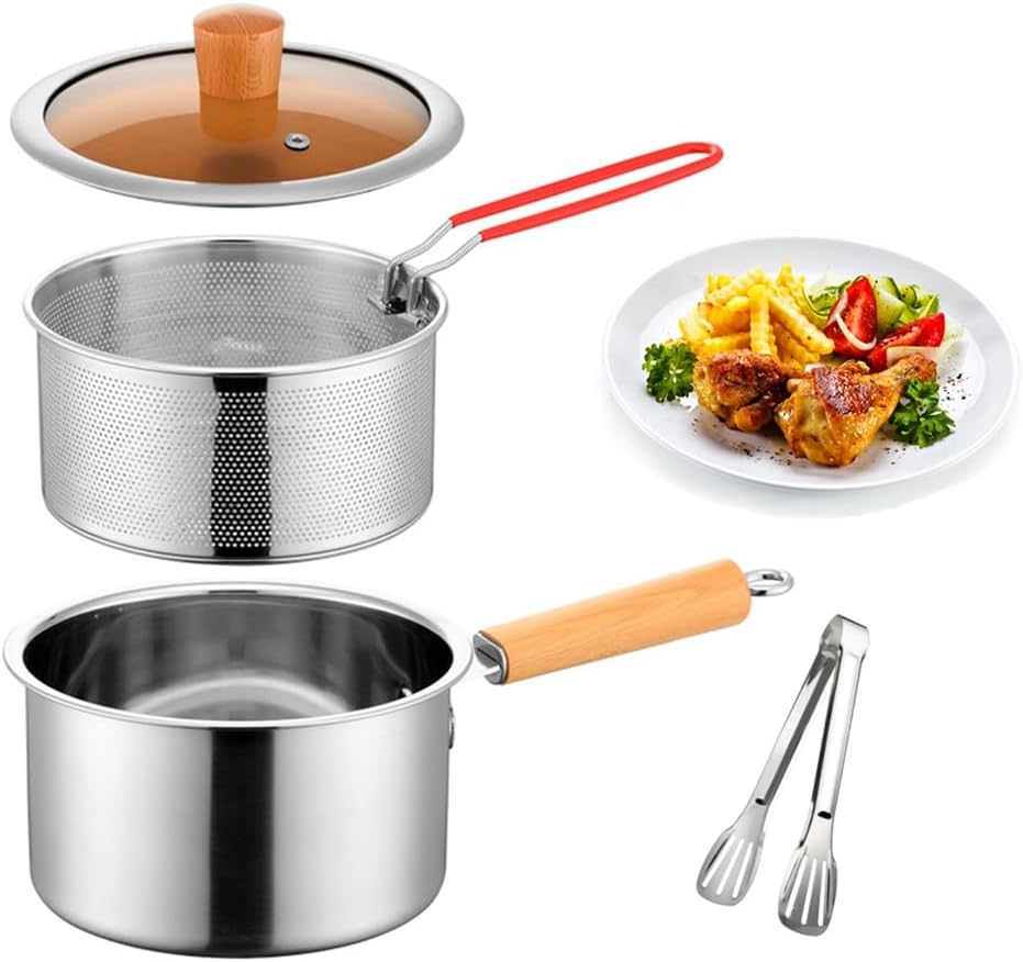 Deep Fryer Pot 304 Stainless Steel Frying Pan with Strainer Basket and Handle,Japanese Tempura Fryer Deep Fryers Frying Pot for Frying Fish Shrimp Chicken and Fries (Silver)