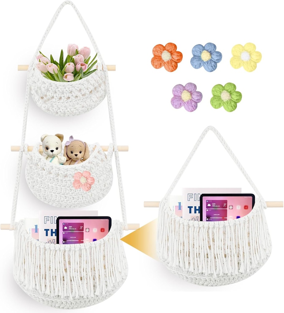 3 Tier hanging fruit baskets for kitchen with deco flowers, Boho Detachable Hanging basket with Tassels, Woven Cotton Wall Basket, Storage for Kitchen Living Room Bathroom Bedroom (White)