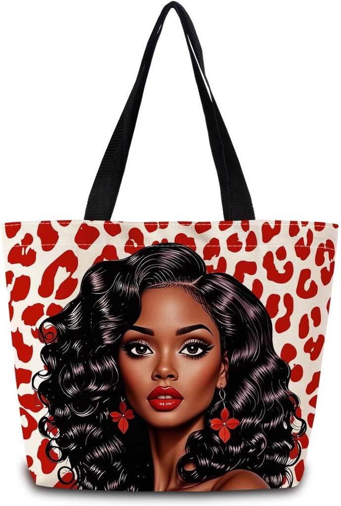 African American Tote Bag Reusable Grocery Bags Aesthetic Shopping Shoulder Handbag with Interior Zipper Pocket Stylish Red Leopard Present for Women