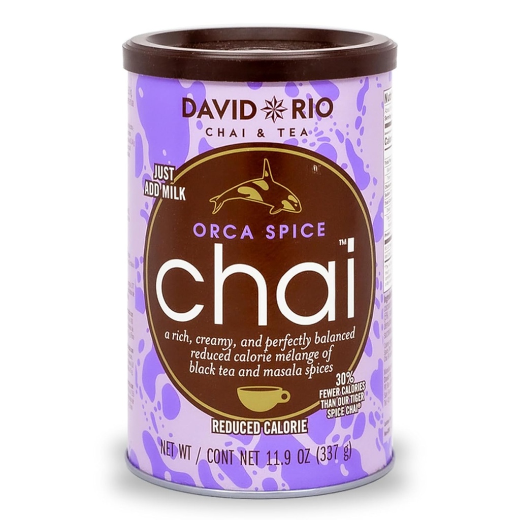 Orca Spice Reduced Calorie Chai Tea Latte Mix, 11.9 Oz, Black Tea, Organic Spices, Sugar Free, Dairy Free, Serve Hot or Cold, Just Add Water or Milk, 18 Servings