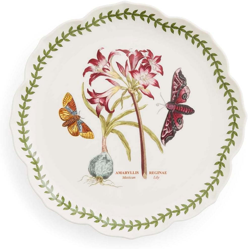 Portmeirion Botanic Garden Lotus Dinner Plate, Mexican Lily - Decorative Porcelain Dish with Butterfly Motif, 11.25" Scalloped Rim Shape for Dining or Display - Microwave, Oven & Dishwasher Safe