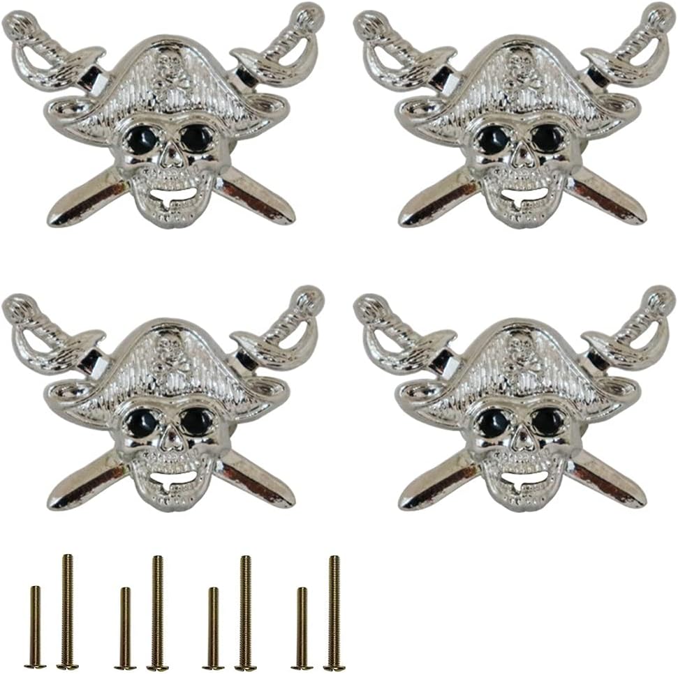 Skull Cabinet Knob 4 Pcs Ancient Single Hole Handle for Cabinet Drawer Wardrobe Bookcase Closet Cupboard Shoe Cabinet Furniture Door Pull Decorative Hardware Accessories (Silvery)