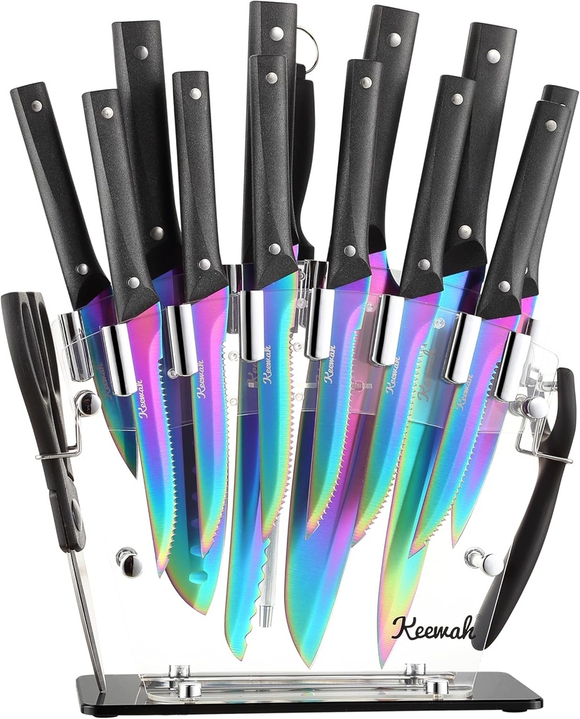 Keewah Knife Set, 16 Piece Kitchen Knives set with Acrylic Stand, Rainbow