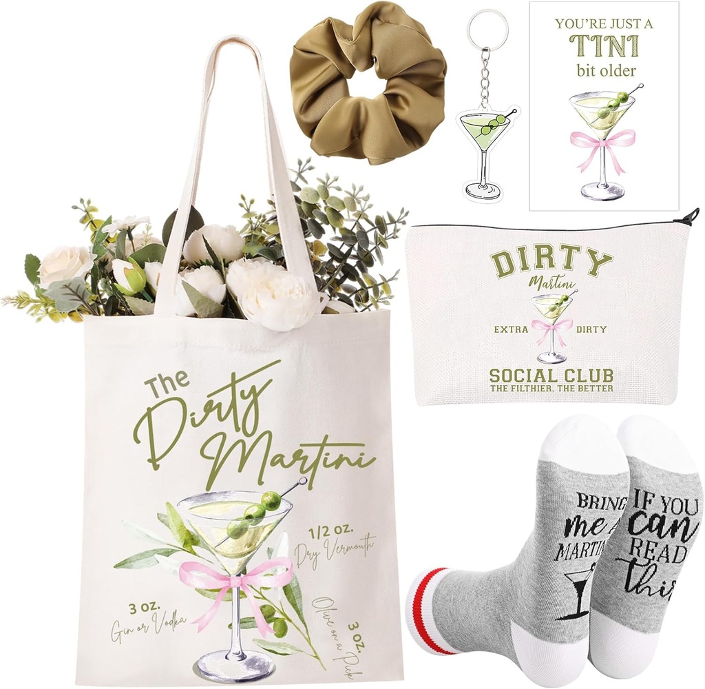 Paterr 6 Pcs Martini Gift Includes Makeup Bag, Martini Tote Bag, Acrylic Keychain, Hair Scrunchy, Martini Socks, Martini Birthday Cards for Bachelorette Party Cocktail Martini Lover Gift Decoration