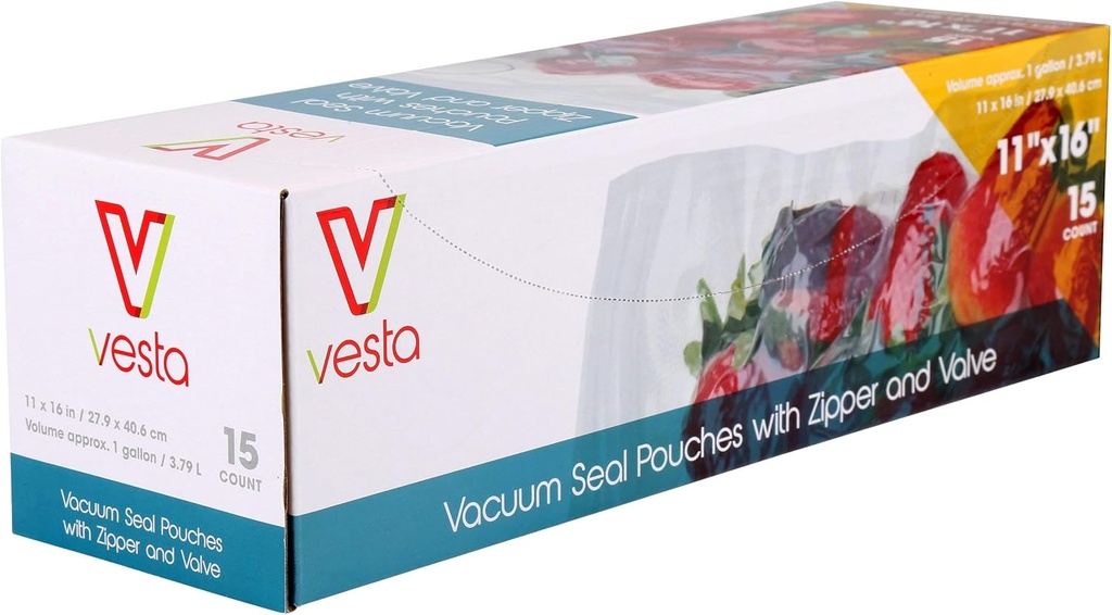 Vesta Precision Vacuum Seal Pouches - Clear and Embossed Vacuum Sealer Bags with Zipper and Valve - Great for Food Storage and Sous Vide - 11 x 16 inches - 15 Vacuum Seal Bags Per Box