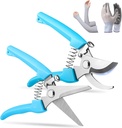 Garden Pruning Shears, 2-Pack Stainless Steel Garden Shears, Flower Scissors for Cutting Flowers, Trim Plants, Bonsai, Fruits, Includes Gloves & Arm Sleeves, Ideal Gardening Gift (Blue)