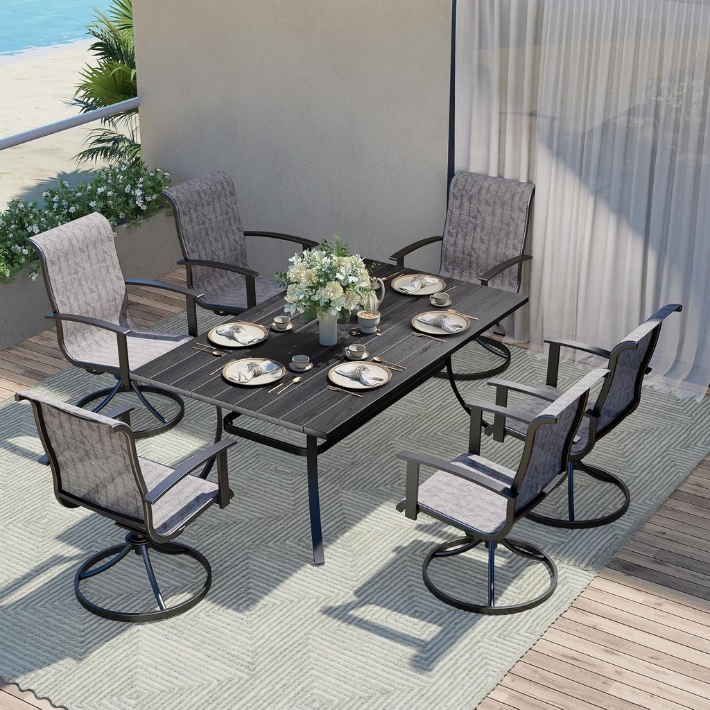 Grand patio 7-Piece Patio Dining Set for 6, Outdoor Dining Set with Swiviel Patio Chairs & 1 Rectangular Woodgrain Dining Table with Umbrella Hole, Black & Grey Plaid