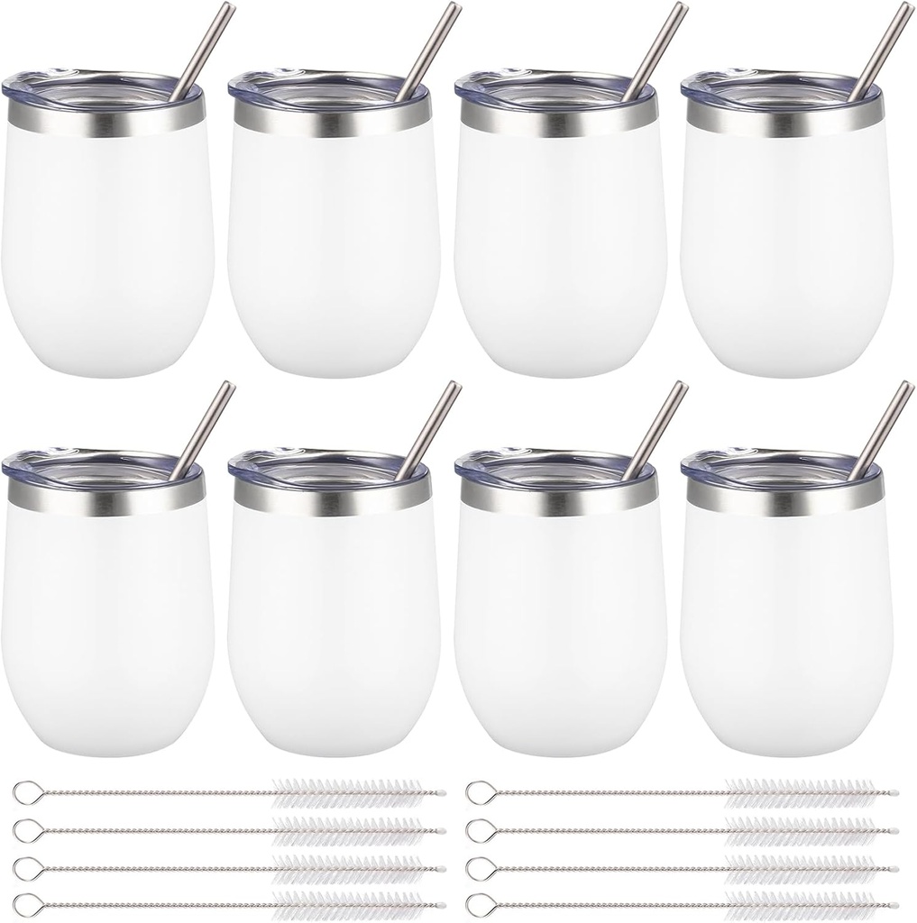 12 oz Insulated Wine Tumbler with Lid and Straw,Stainless Steel Stemless Wine Tumbler Glasses Double Wall Vacuum Wine Cups Tumbler Bulk for Coffee,Champaign,Cocktail (White,8)