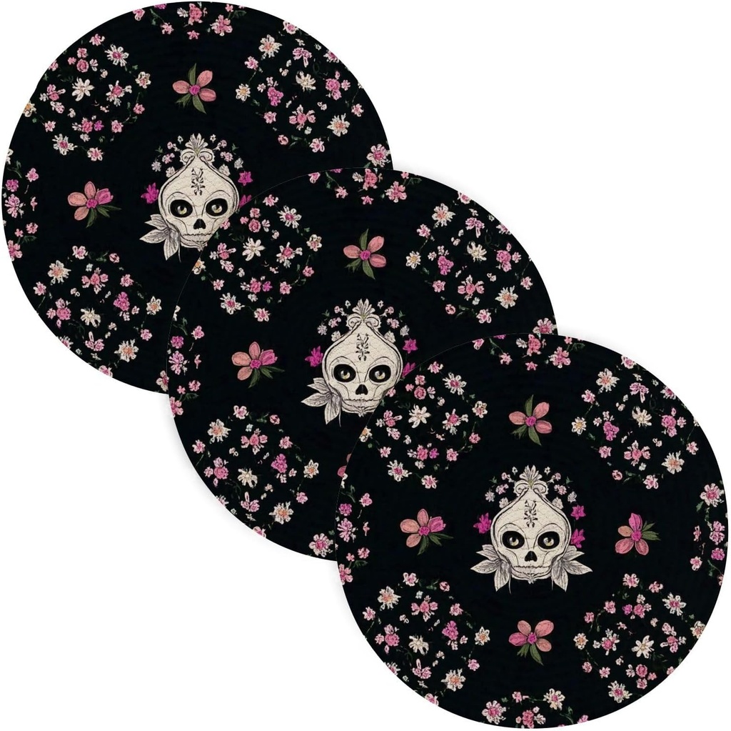 3 Pcs Microwave Trivet for Crock Pot 15in Absorb Water Potholders Bathroom Decor alfombrilla de para cocina Gothic Style Skull Flowers
