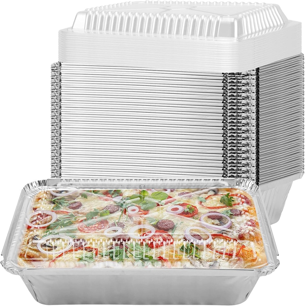 125 Pack 8.5 x 6.3 Inches Disposable Foil Pans, 2.25 lb Aluminum Foil Food Containers with Plastic Lids, Aluminum Foil Pan Rectangular Baking Pan Take Out Containers for Steam Table, Freezer