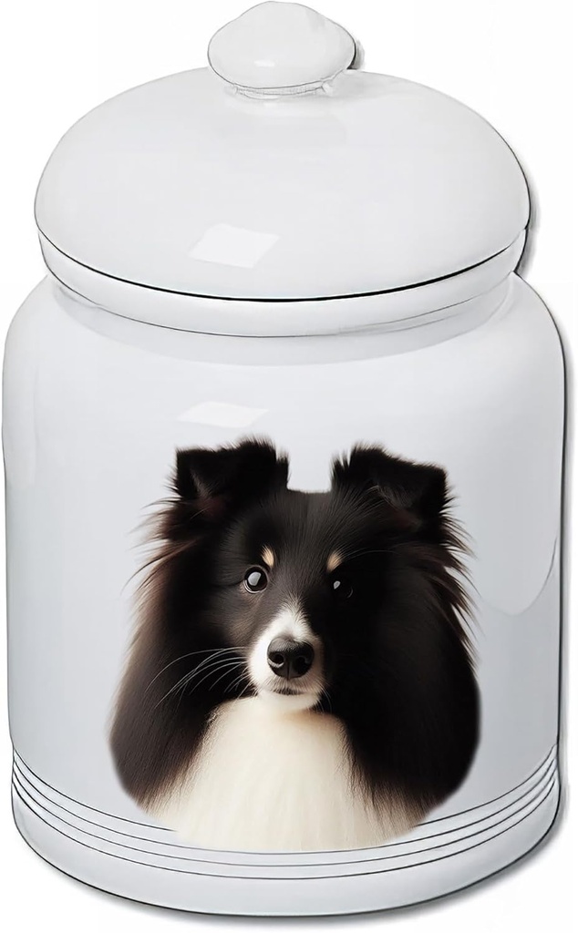 Best of Breed Sheltie Bi Black Dog and Cat Ceramic Treat Jar 9" Tall Air Tight Seal All White