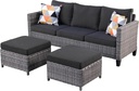 ovios 3 Pieces Patio Furniture Set Outdoor Sofa with Ottomans, Wicker Rattan Couch with Footrests Comfy Cushions, All Weather Sofas Couches for Porch Backyard Garden, Black