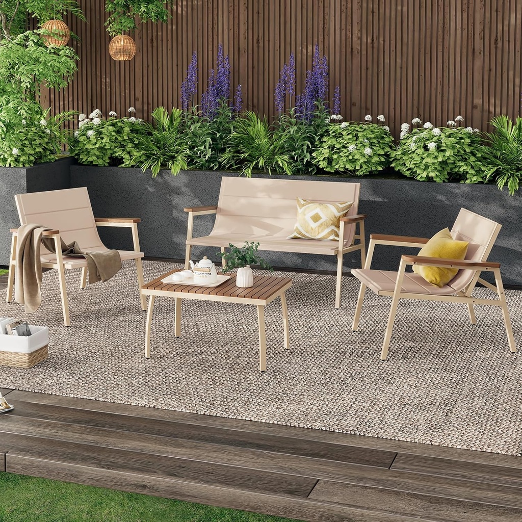 Suntone 4 Pieces Outdoor Patio Furniture Set, Garden Patio Conversation Sets with Padded Suspended Cushion, Outdoor Furniture Set for Lawn Backyard Balcony, Beige