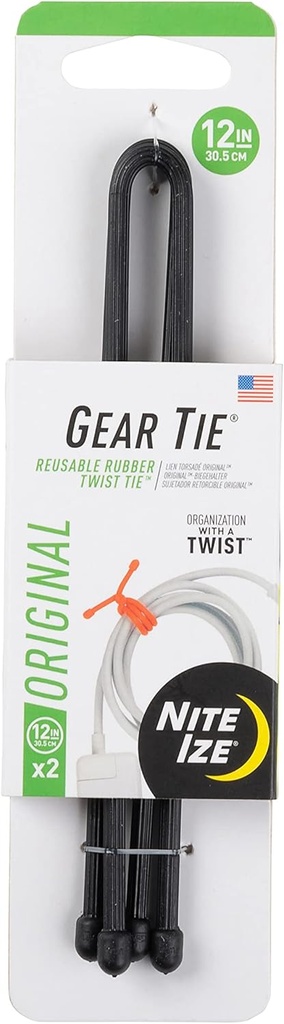 Nite Ize GT12-01-2R3 Original Gear, Reusable Rubber, 12 Inch, Black, 2-Pack, Made in The USA Twist Tie, 2 Count (Pack of 1)