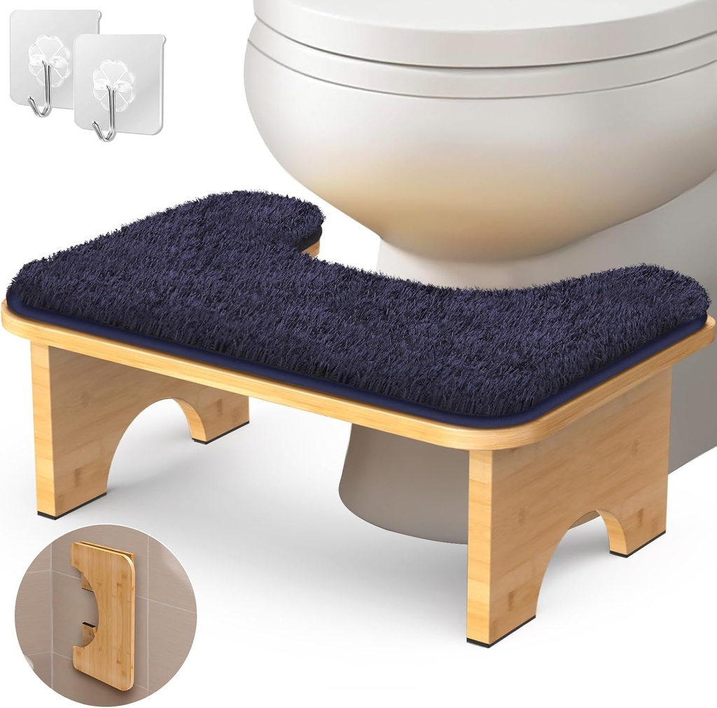 Bamboo Toilet Stool, 7” Foldable Potty Poop Bathroom Stool with Extra Soft Microfiber Rug and Hooks, Non-Slip Toilet Assistance Step Stool for Adult, Improve Squatting Posture - Healthy Gifts