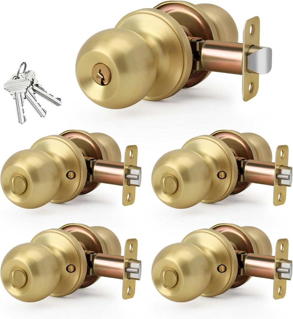Brushed Gold Keyed-NOT-Alike Ball Design Door Knob with Keys and Lock, 5 Pack Wholesale Keyed Entry Round Shaped Doorknob for Front/Entrance Doors, Satin Brass Finish