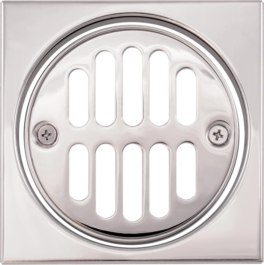 Westbrass R313-26 Square Brass Shower Tile with Round Strainer Grid Drain Cover and Crown Ring, Polished Chrome