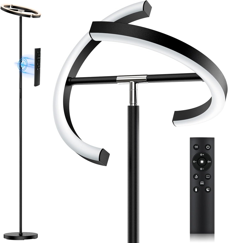 LED Floor Lamp - Rotatable Standing Lamp with Touch & Remote Control, 3000-6000K, 22W Modern Floor Reading Light, Dimmable Corner Uplighter for Living Room Bedroom Office, Black