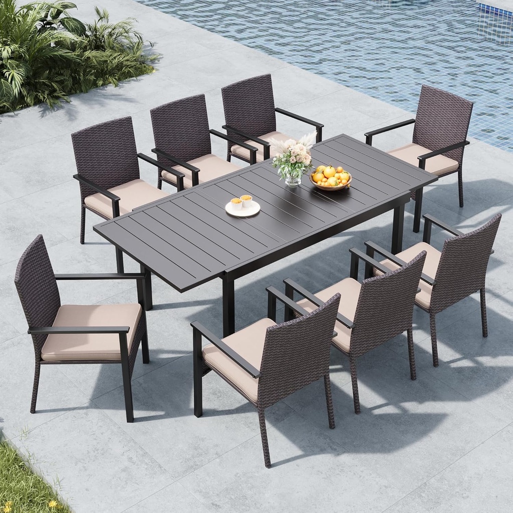 MFSTUDIO 9 Pieces Patio Dining Set, Patio Table and Chairs for 8, Outdoor Expandable Metal Table & Chairs with Cushions, Outdoor Rattan Dining Furniture Set for 8, Deck, Porch
