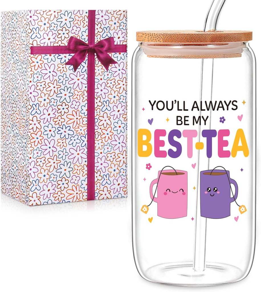 Funny Friendship Gifts for Women Bestie Gift for BFF, Friend, Coworkers, Work Besties - Birthday, Christmas, Office Home Use - You'll Always Be My Best-Tea- 16oz Glass Cup