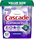 Cascade Platinum Plus Dishwasher Pods, Dish Detergent Soap, Clean Scent, 62 Count