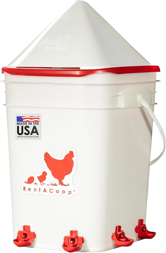 RentACoop 5 Gallon Chicken BPA-Free Plastic Bucket Waterer Set with 4 Horizontal Nipples - Corner Placement