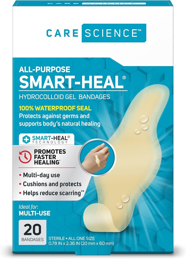 Care Science Smart Heal All-Purpose Hydrocolloid Gel Bandages, 20 ct | 100% Waterproof Seal, Reduces Scarring, for Wound Care or Blisters