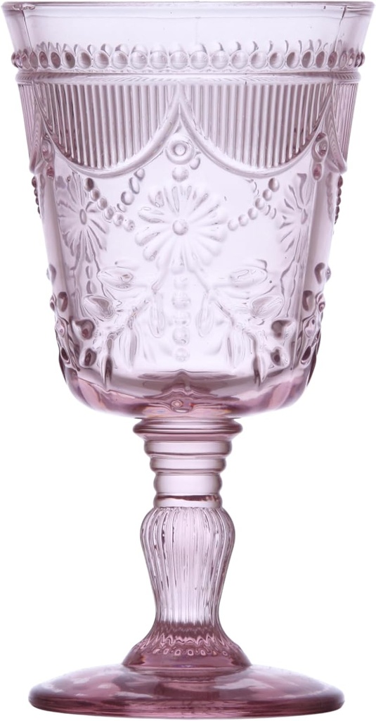 FORTESSA Debutante Vintage Themed Glassware, 10 Ounce Water Goblets (Set of 6), Dishwasher-Safe Water Glasses, Pink