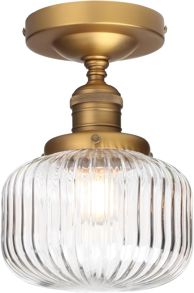 Yosoan Indoor Vintage Ceiling Light with Striped Shade, 1-Light Hardwired Modern Vanity Light Industrial Single Rustic Semi Flush Mount Ceiling Lamp Ribbed Glass Shade for Kitchen Hallway(Antique)