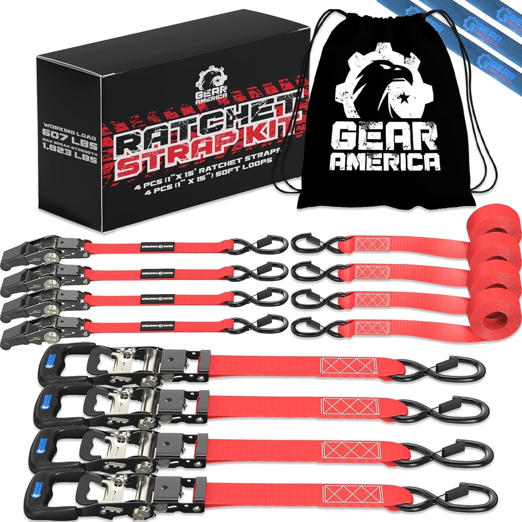 GearAmerica Heavy Duty Ratchet Straps 1” x 15’ Tie Down Kit for Cargo, Trucks, Motorcycles - 1823 lbs Break Strength with Soft Loops, Rubber Coated S Hooks w/Safety Clip, Spring Release, Carry Bag