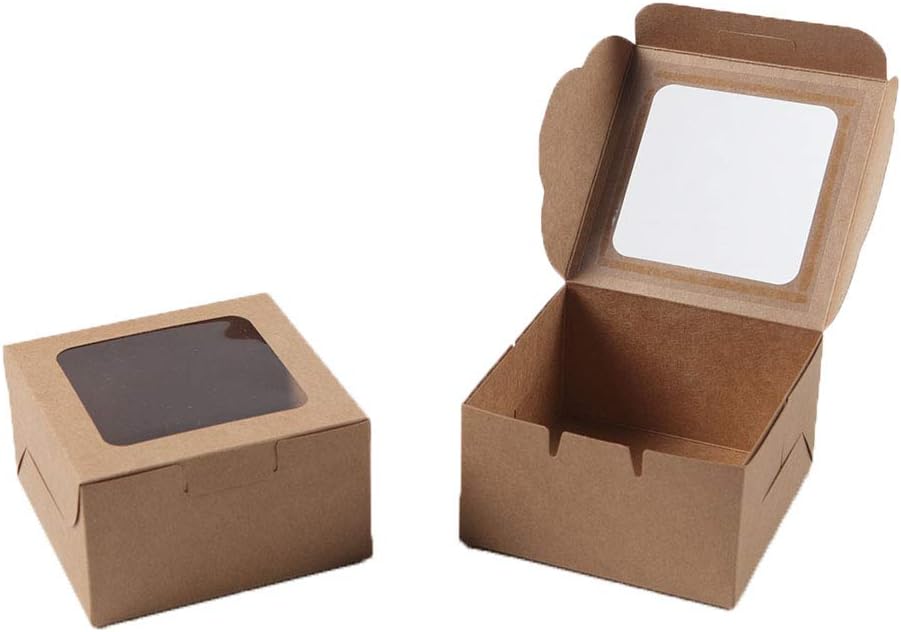 Bubbley Kraft Paper Bakery Boxes - 25-Pack Single Pastry Box 4-Inch, Packaging with Clear Display Window, Donut, Mini Cake, Pie Slice, Dessert Disposable Take-Out Container, Brown, 4 x 2.3 x 4 Inches