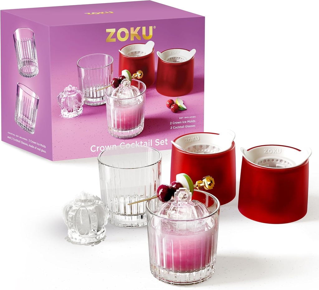 ZOKU Crown Cocktail Set with 2 Large Ice Cube Molds & 2 Whiskey Glasses for Bourbon, Scotch, & Old Fashioned Drinks, Easy-Release Silicone Ice Molds, BPA-Free