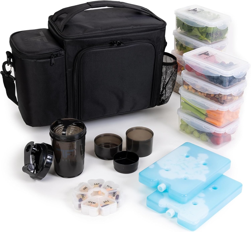 ThinkFit Large Black Meal Prep Lunch Bag, 8 Portion Control Containers, Pill Dispenser, Shaker Cup & 2 XL Reusable Ice Packs