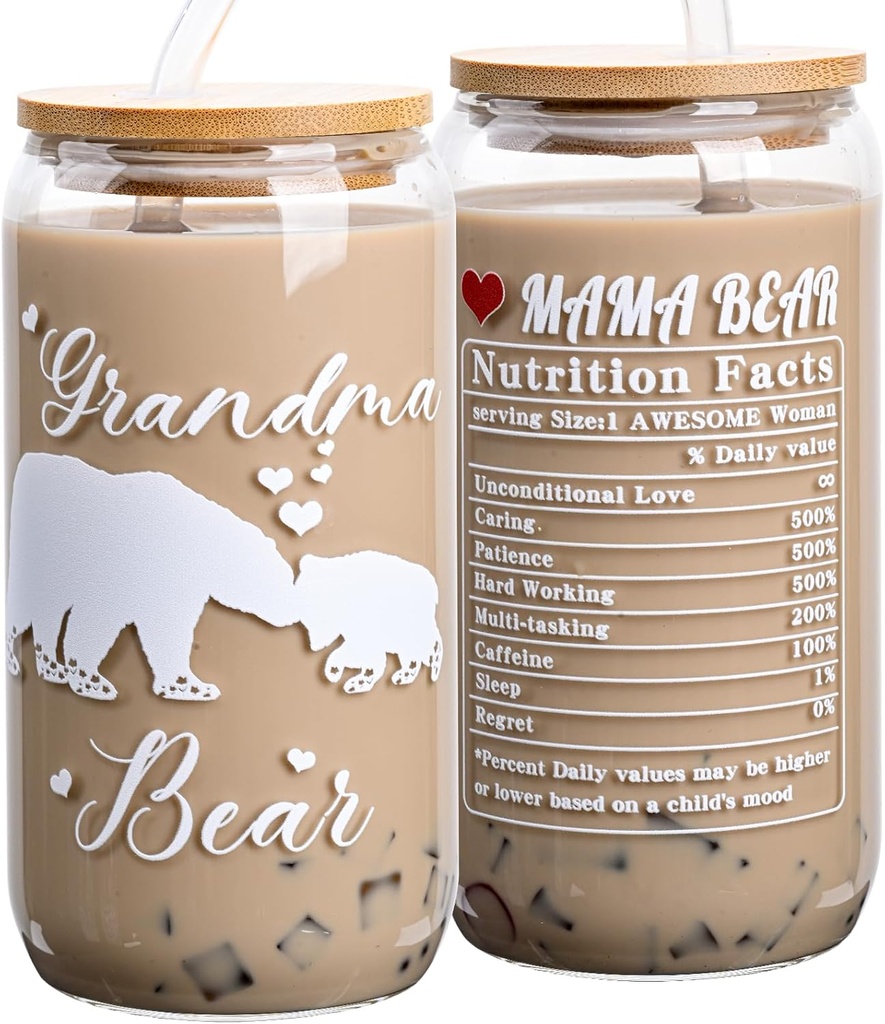 Christmas Gifts for Grandma, Grandmother Birthday Gift, Best Grandma Ever Gigi Gifts from Granddaughter Grandson, Glass Coffee Mug Cup Jar with Lid and Straw 16 Oz