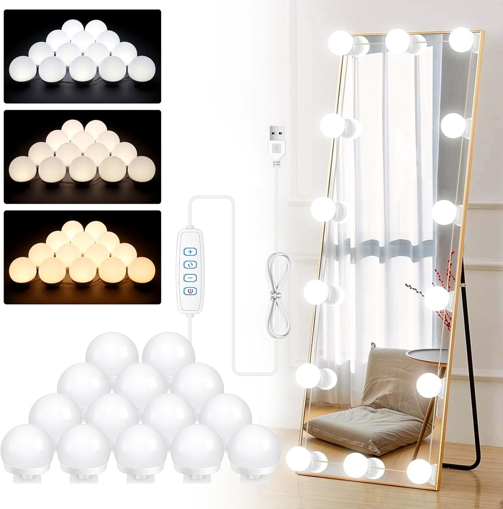 Hollywood Vanity Mirror Lights 14 LED Bulbs 3 Color Dimmable Mirror Light, Vanity Lights 3000K Warm 4000K Nature 6500K Daylight White Portable Makeup Mirror Light for Bathroom Dressing Room