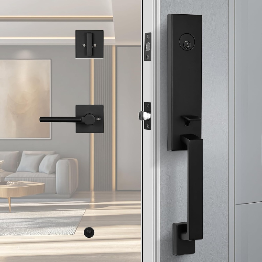 TOGU HS29D-L15 Heavy Duty Single Cylinder Deadbolt Handleset Front Door Lock with Lever Door Handle,Solid Entry Door Lockset Leverset for Home Exterior Doors, Easy Installation, Matte Black Finish