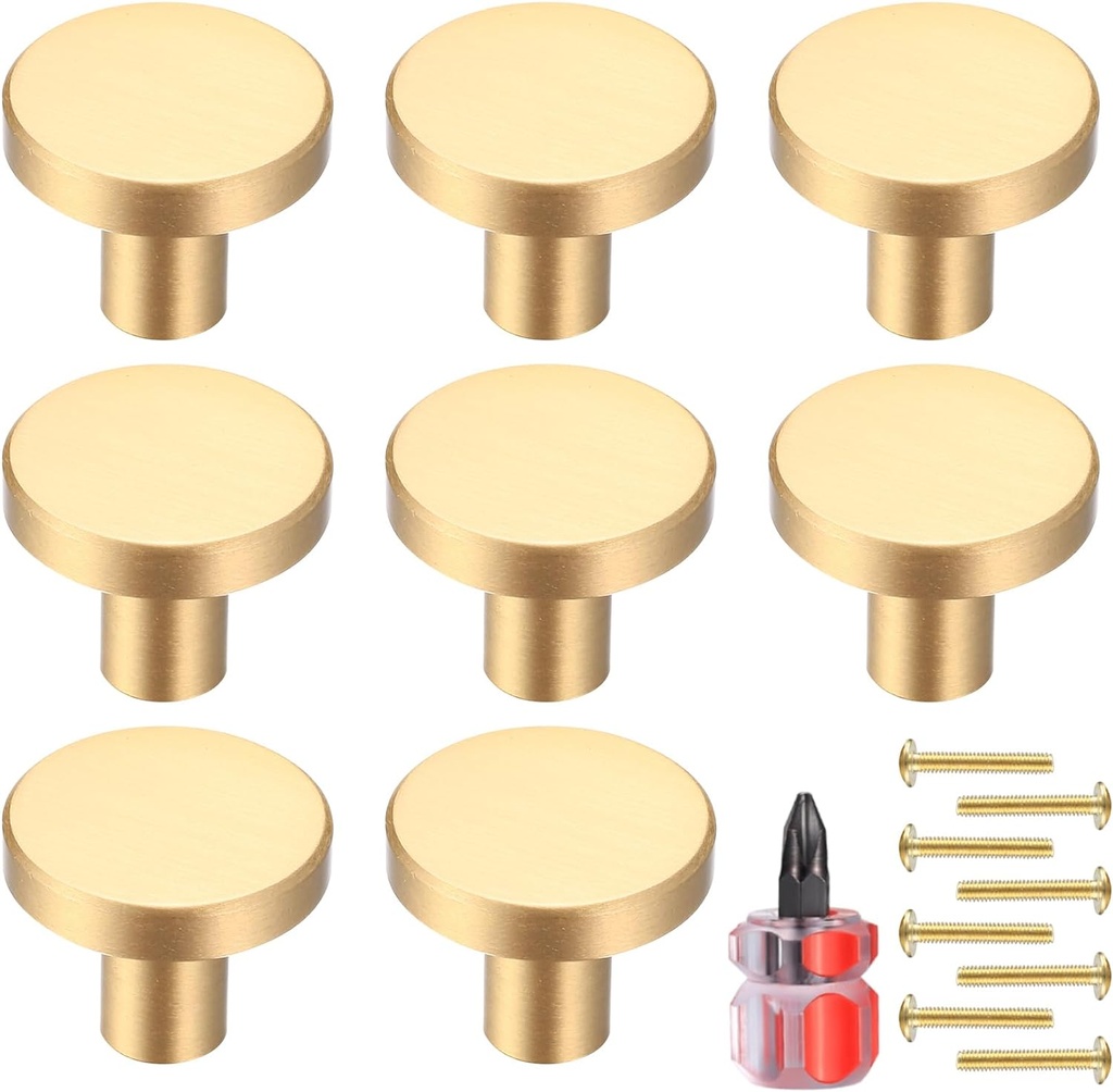 Gold Cabinet Knobs, 8 Pcs Brushed Brass Round Kitchen Cabinet Hardware Pulls Knobs Gold for Dresser Drawer Cupboard Furniture Closet Wardrobe Door Knobs Handles, with Screwdriver,20x28 mm