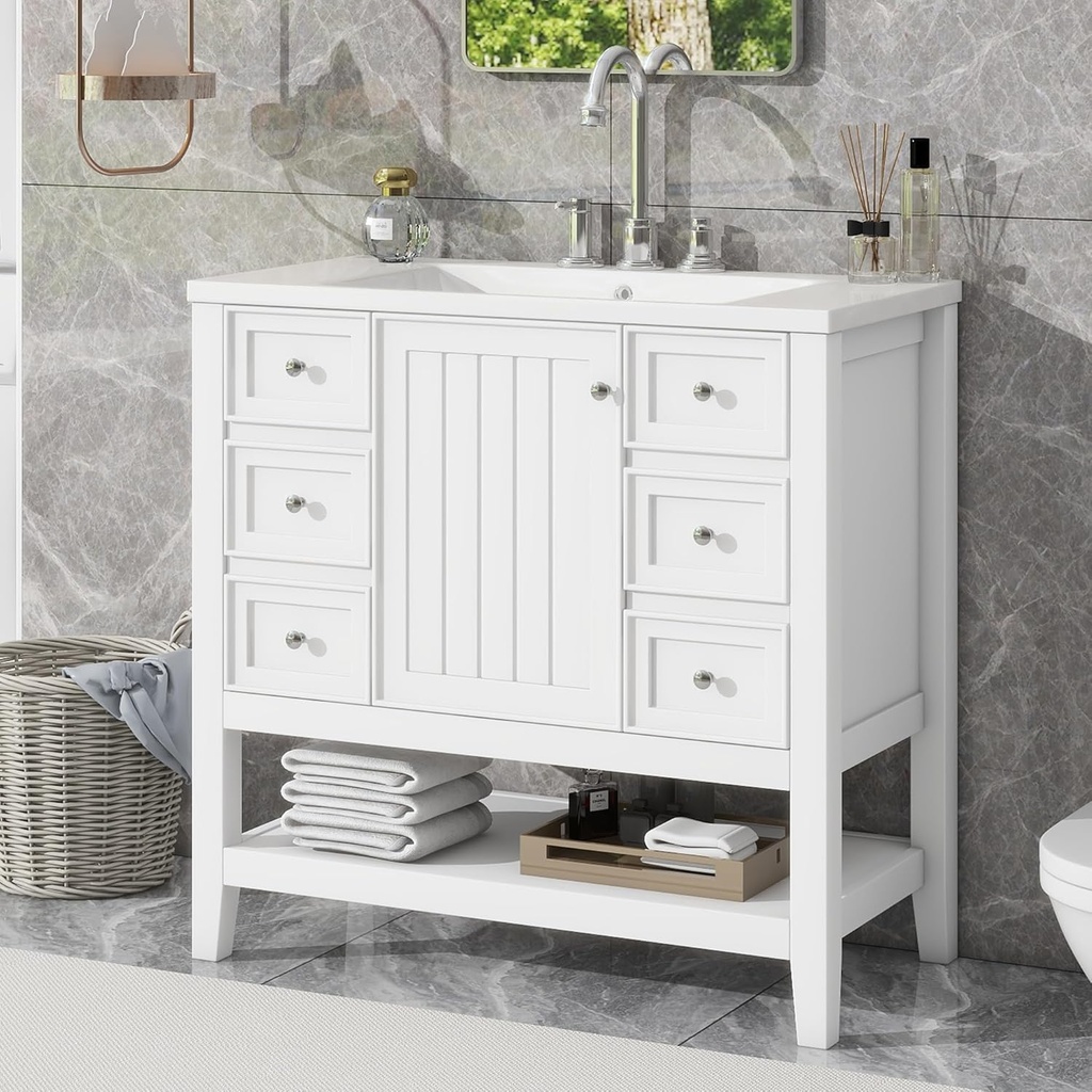KIVENJAJA 36" Bathroom Vanity with Sink, Modern Bathroom Sink Cabinet with Three Drawers & One Cabinet, Single Storage Cabinet with Ceramic Basin, Solid Wood and MDF Board
