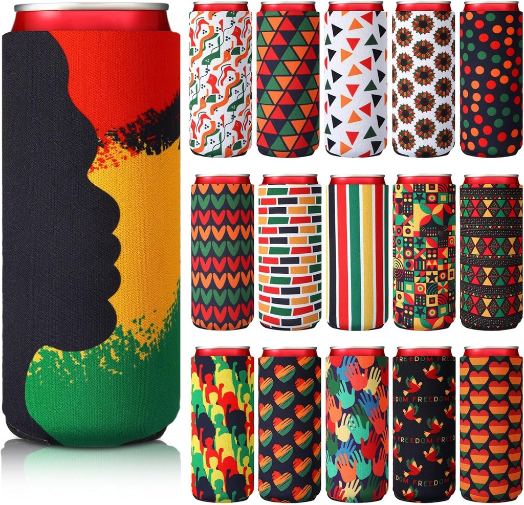 16 Pcs Juneteenth Can Cooler Sleeves Freedom Day Soda Beer Drink Cooler Sleeve African Afro Black American Party Supplies Reusable Can Holders (Juneteenth, Long)