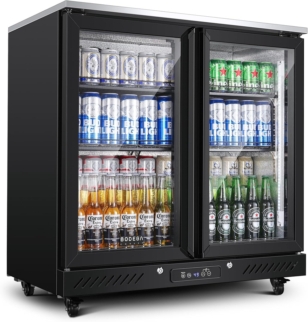 BODEGACOOLER Back Bar Cooler with 2 Glass Doors,7.7 Cu.ft Commercial Back Bar Beverage Refrigerator Counter Height,LED Lighting for Soda Drinks,Beer,Wine Stainless Steel Top,DOE Approved,4 Casters