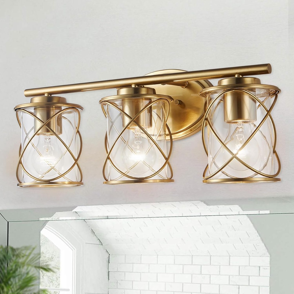 mavcadonf 3-Lights Bathroom Vanity Lights, Bathroom Light Fixtures Over Mirror, Brushed Gold Vanity Light, Farmhouse Wall Lights with Clear Glass Shade, Bathroom Wall Lamp for Mirror Kitchen Bedroom